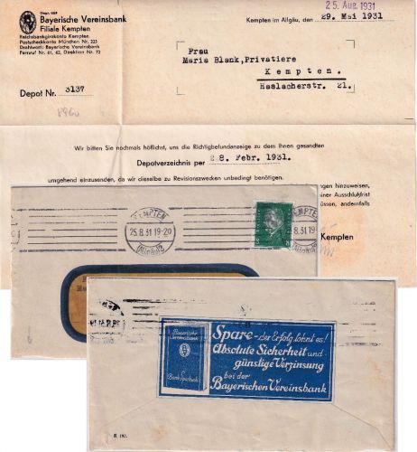 DR - Kempten 1931 Ortsbrief mit Bayer. Vereinsbank-Werbevignette und Inhalt