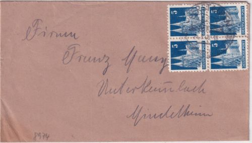 Bizone - 5 Pfg. Bauten 4er-Block Brief Oberstaufen - Mindelheim 24.9.48