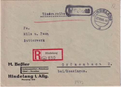 All.Bes. - Hindelang 22.10.45 Gebühr bezahlt Ra1 Einschreibebrief n. Grönenbach