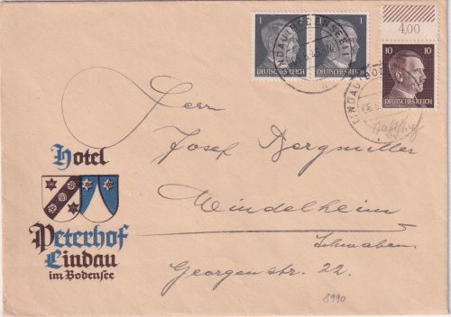 DR - 2x1+10 (Oberrand) Pfg. AH illustr. Hotelbrief Lindau - Mindelheim 5.6.43