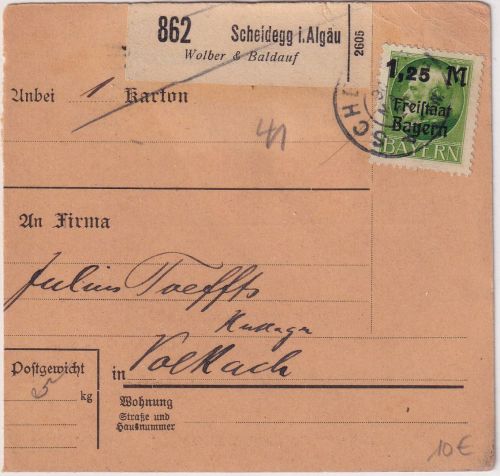 Bayern - 1,25 M. Ludwig/Überdruck Paketkarte/Selbstbucher Scheidegg 30.3.20