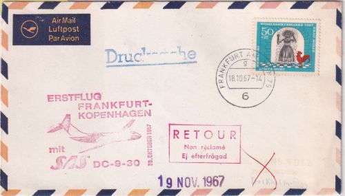 BRD - 50 Pfg. Wofa GrimmIX Luftpostdrucksache SAS Erstflug Frankfurt 1967