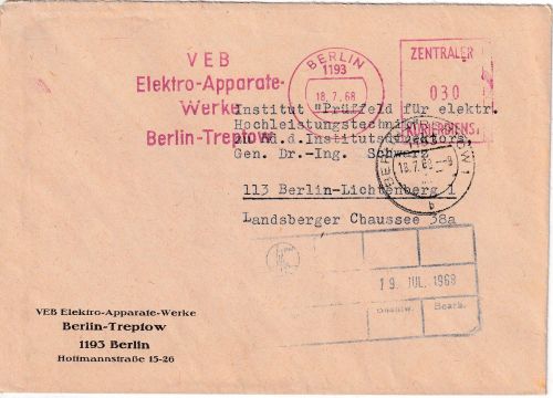 DDR - Berlin 1968 30 Pfg. AFS "VEB Elektro-Apparate-Bau Treptow" ZKD-Ortsbrief