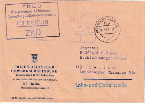 DDR - Berlin-Lichtenberg 1967 portofreier ZKD-Ortsbrief "FDGB Kreisvorstand"