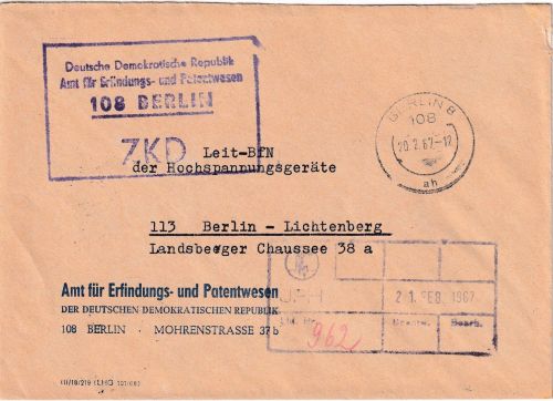 DDR - Berlin 1967 portofreier ZKD-Ortsbrief "Amt f. Erfindungs- u. Patentwesen"