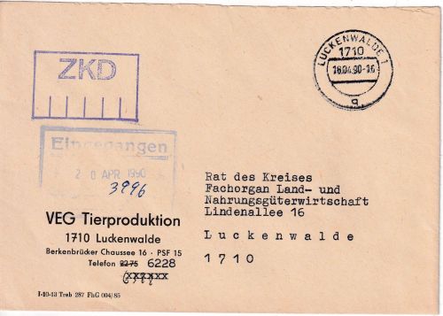 DDR/VGO - Luckenwalde 1990 portofreier ZKD-Ortsbrief "VEG Tierproduktion"