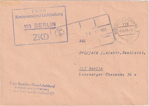 DDR - Berlin-Lichtenberg 1968 portofreier ZKD-Ortsbrief "FDGB Kreisvorstand"