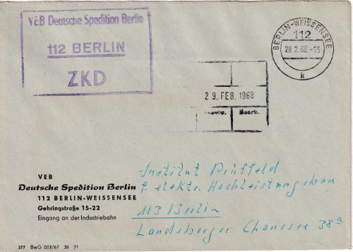 DDR - Berlin-Weissensee 1968 portofreier ZKD-Ortsbrief "Deutsche Spedition"