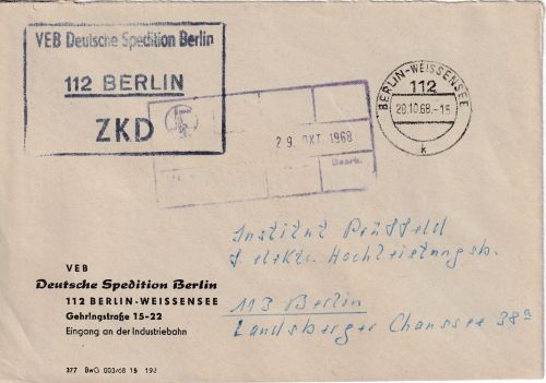 DDR - Berlin-Weissensee 1968 portofreier ZKD-Ortsbrief "Deutsche Spedition"