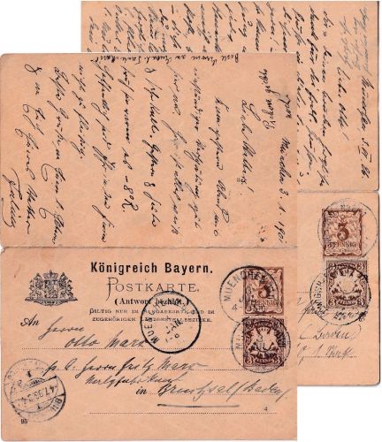 Bayern - 3/3 Pfg. Raute Ganzsache/Doppelkarte beide Teile gebraucht 1896/1901 !