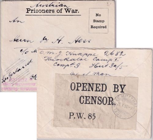 England - Isle of Man Kriegsgefangenenbrief i.d. SCHWEIZ 1916 - brit. Zensur