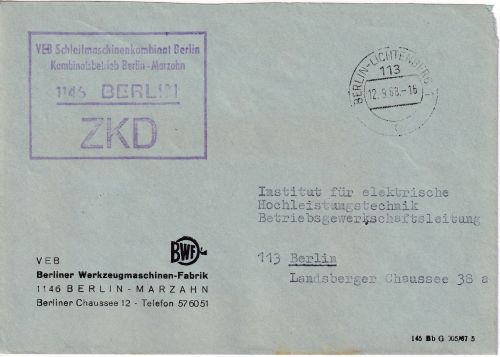 DDR - Berlin-Lichtenberg 1968 portofreier ZKD-Ortsbrief Schleifmaschinenkombinat