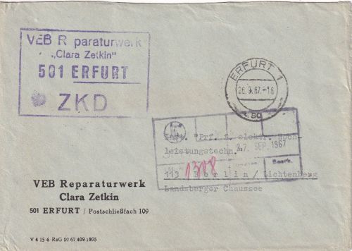 DDR - Erfurt 1967 portofreier ZKD-Brief n. Berlin Reparaturwerk "Clara Zetkin"