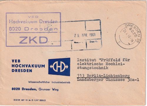DDR - Dresden 1968 portofreier ZKD-Brief n. Berlin "VEB Hochvakuum"