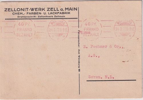 DR-Infla - Würzburg 24.3.22 40 Pfg. Franko bezahlt Masch.stpl. Karte n. Sorau