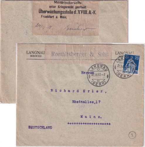 Schweiz - 25 Rp. sitz. Helvetia Zensurbrief n. Mainz 1917 - Zensur Frankfurt a/M