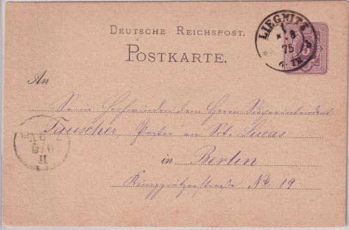 DR - Liegnitz 8.8.75 nachv. preuss. K2 Ganzsache n. Berlin