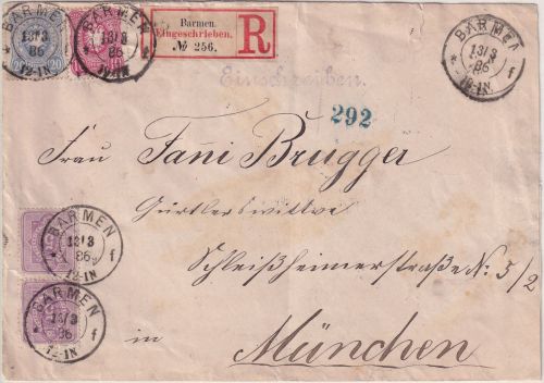DR - 20+10+2x5 Pfg. Einschreibebrief (2. Gew.stufe) Barmen - München 1886