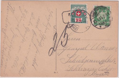DR - 5 Pfg. Adler Karte i.d. SCHWEIZ Waldshut - Basel 1925 - 25 Rp. Nachporto