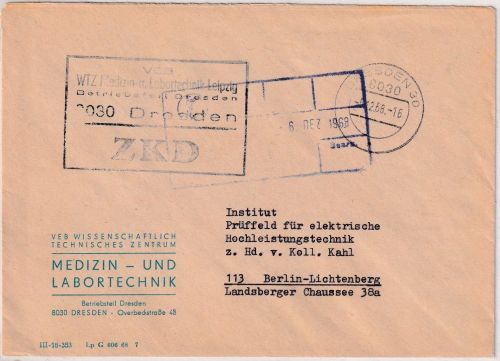 DDR - Dresden 1968 portofreier ZKD-Brief n Berlin "VEB Medizin- u. Labortechnik"