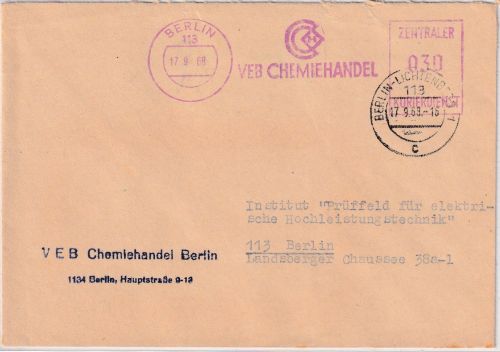 DDR - Berlin 1968 30 Pfg. AFS "VEB Chemiehandel" ZKD-Ortsbrief