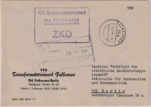 DDR - Falkensee 1968 portofreier ZKD-Brief n. Berlin "VEB Transformatorenwerk"