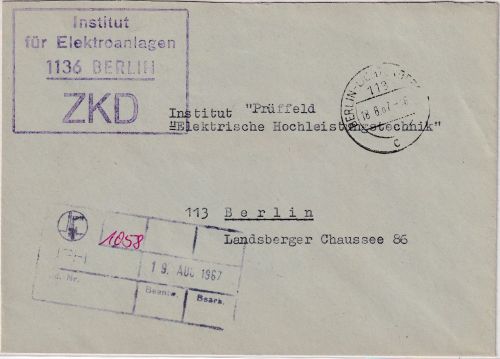 DDR - Berlin 1967 portofreier ZKD-Ortsbrief "Institut für Elektroanlagen"