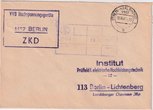 DDR - Berlin-Karlshorst 1967 portofreier ZKD-Ortsbrief "VVB Hochspannungsgeräte"