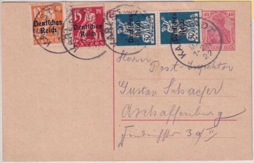 DR-Infla - 40 Pfg. Germania Ganzsache+Zusatz Karlstadt - Aschaffenburg 1922