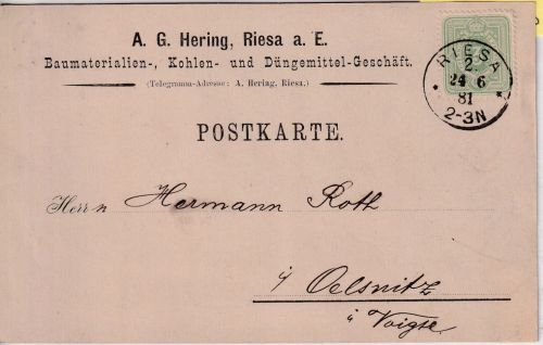 DR - 3 Pfg. Firmendrucksachenkarte K1 Riesa 2 - Oelsnitz 1881