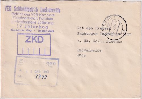 DDR - Jüterbog 1990 portofreier ZKD-Brief "VEB Schlachtbetrieb Luckenwalde"