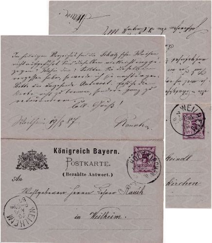 Bayern - 5/5 Pfg. Rauten Ganzsache/Doppelkarte Holzkirchen/Weilheim 1887