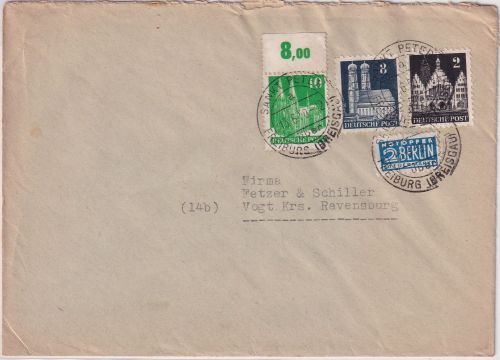 Bizone - Sankt Peter ü. Freiburg Poststelle I Brief n. Vogt Krs. Ravensburg 1950