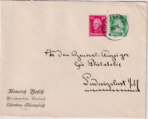 DR - Eisenberg 1927 Firmenkuvert (Briefmarken-Versand Betsch) n. Ludwigslust