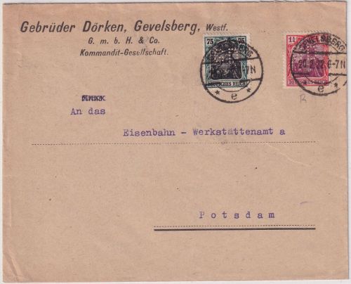 DR - 1 1/4 M.+75 Pfg. Germania Perfin "G.M." Brief Gevelsberg - Potsdam 1922