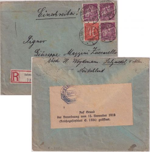 DR-Infla - 3x60 Pfg. Schmied u.a. Einschreibebrief n. ITALIEN Salzwedel Rom 1921