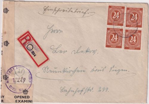 All.Bes. - 4x24 Pfg. Ziffer Einschreibebrief Engelsdorf Neunkirchen 1947 Zensur