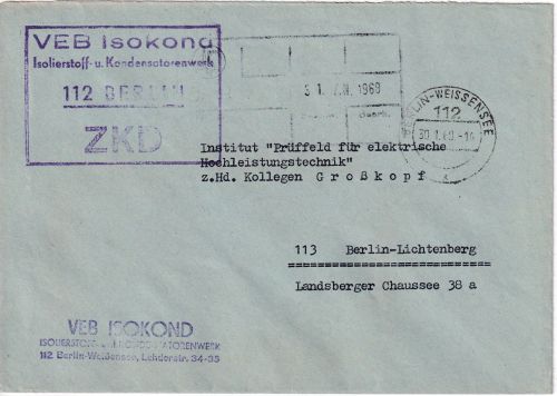 DDR - Berlin-Weissensee 1968 portofreier ZKD-Ortsbrief "VEB Isokond"