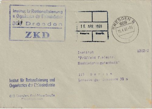 DDR - Dresden 1968 portofreier ZKD-Brief "Institut f. Rationalisierung"