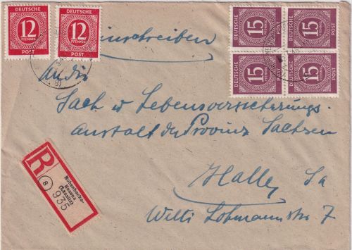 All.Bes. - 4x15+2x12 Pfg. Ziffer Einschreibebrief Hohenbocka-Hosena Halle 5.3.46