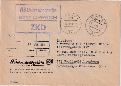 DDR - Oppach 1968 portofreier ZKD-Brief "VEB Elektroschaltgeräte" n. Berlin