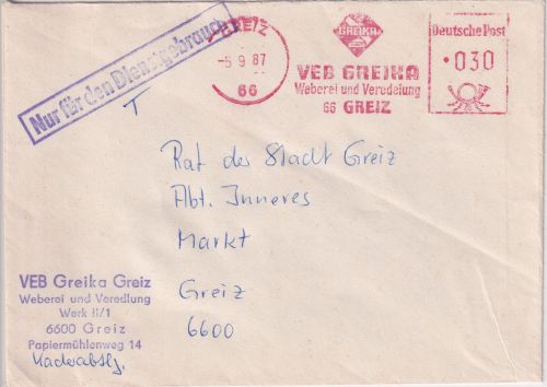 DDR - Greiz 1987 30 Pfg. AFS "VEB Greika" Ortsbrief "Nur f.d. Dienstgebrauch"