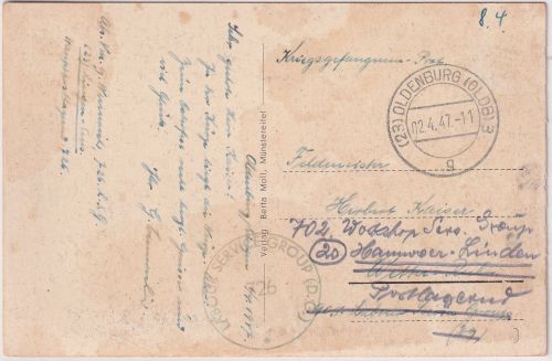 All.Bes. - Oldenburg 2.4.47 Kriegsgefangenenkarte an Labour Service Group 905