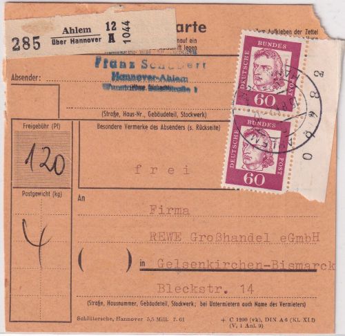 BRD - 60 Pfg. Bed. Deutsche senkr. Paar/Bogenzählnummer Paketkarte Ahlem 1962