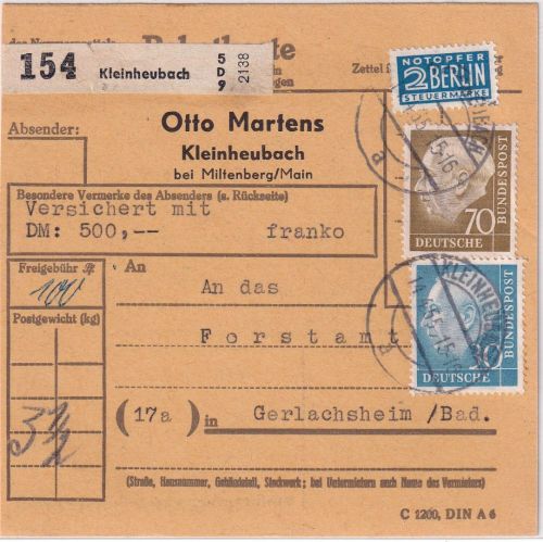 BRD - 30+70 Pfg. Heuss I + NO Paketkarte Kleinheubach - Gerlachsheim 14.4.55