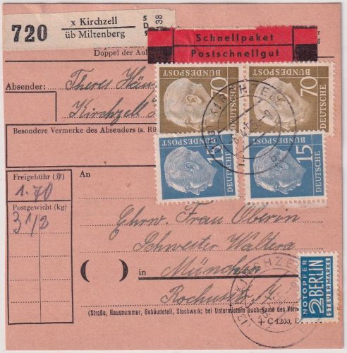 BRD - 2x15+2x70 Pfg. Heuss I + NO Schnellpaketkarte Kirchzell ü. Miltenberg 1955