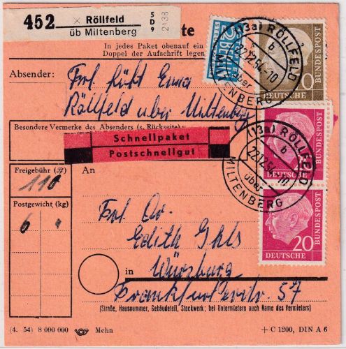 BRD - 70+2x20 Pfg. Heuss I + NO Schnellpaketkarte Röllfeld ü. Miltenberg 1954