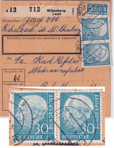 BRD - 30 Pfg, Heuss I waagr. Paar + NO Paketkarte Miltenberg Land 4.2.55