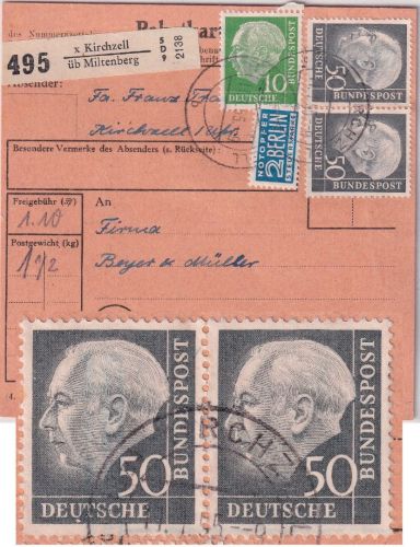 BRD - 50 Pfg, Heuss I waagr. Paar u.a. Paketkarte Kirchzell ü. Miltenberg 1955