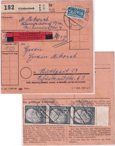 BRD - 50 Pfg, Heuss I senkr. 3er-Streifen/UR Schnellpaketkarte Kleinheubach 1954